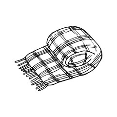 Scarf, check plaid with fringe. Сoncept cozy home, morning mood. Hand drawn vector illustration in doodle style outline drawing isolated on white background.
