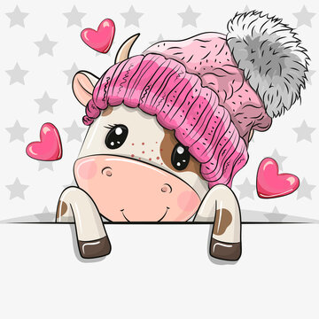 Cartoon Bull in a pink hat on a white background