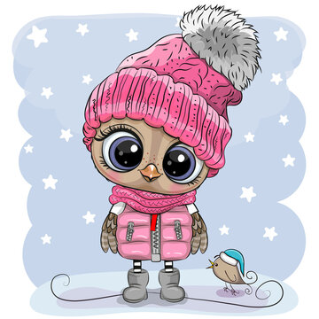 Cartoon Owl in a pink hat and scarf