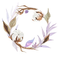 laurel wreath on white background, cotton and lavender wreath on white background perfect for logo or card