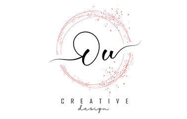 Handwritten Ou O u letter logo with sparkling circles with pink glitter. © ankreative