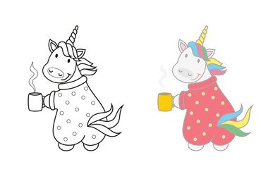 Vector illustration of cute unicorn with cup of tea.Children's coloring book.