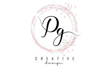 Handwritten Pg P g letter logo with sparkling circles with pink glitter.