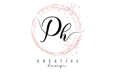 Handwritten Ph P h letter logo with sparkling circles with pink glitter.