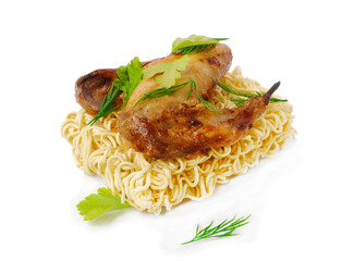 Instant noodles with chicken and spices isolated on white background side view