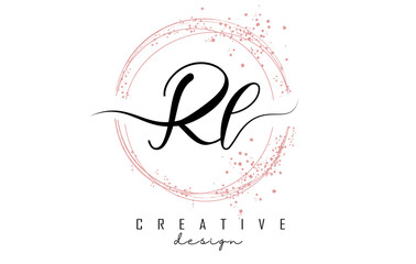 Handwritten Rl R l letter logo with sparkling circles with pink glitter.