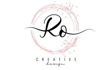 Handwritten Ro R o letter logo with sparkling circles with pink glitter.
