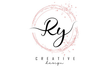 Handwritten RY R Y letter logo with sparkling circles with pink glitter. - obrazy, fototapety, plakaty