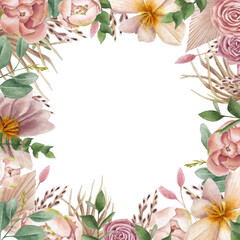Boho flower frame in watercolor