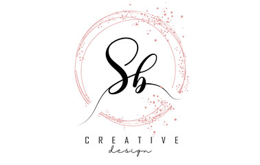 Handwritten SB S B letter logo with sparkling circles with pink glitter.