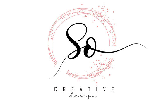 Handwritten So S o letter logo with sparkling circles with pink glitter.