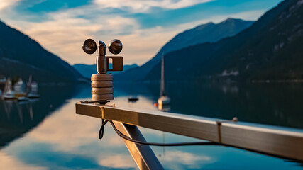 Beautiful alpine sunset view with reflections and details of an anemometer at the famous Achensee,...