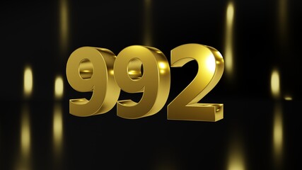 Number 992 in gold on black and gold background, isolated number 3d render