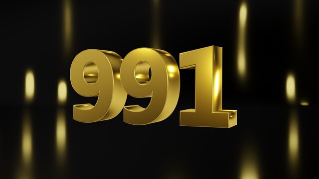 Number 991 in gold on black and gold background, isolated number 3d render