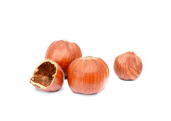 Group fresh hazelnuts isolated on white background