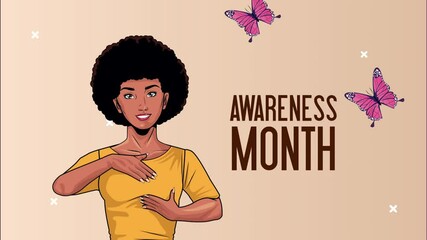 breast cancer awareness month lettering with afro woman practicing self examination