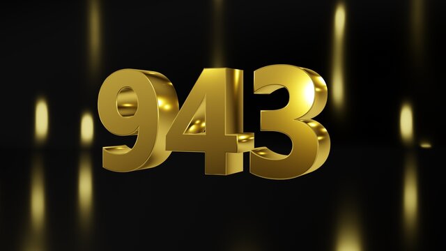 Number 943 in gold on black and gold background, isolated number 3d render
