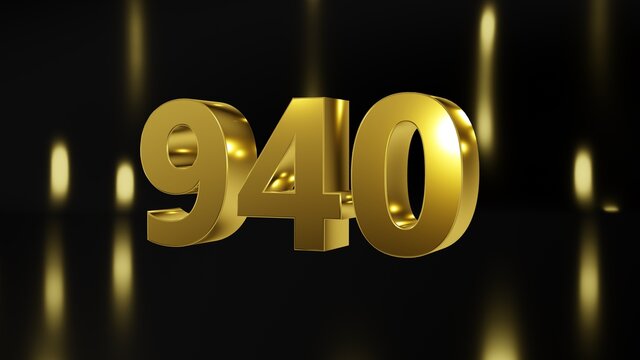 Number 940 in gold on black and gold background, isolated number 3d render