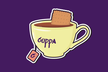 Cartoon sticker cuppa cup of tea with biscuit 