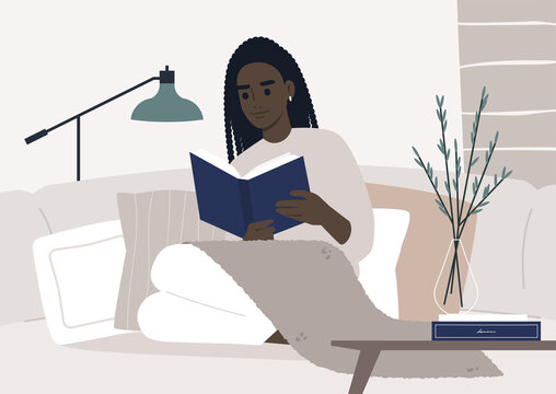 Lockdown home activities, a female Black character reading a book in a cozy interior, good habits