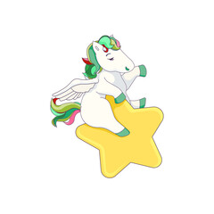 Vector Pegasus flying with Star on white isolated background, cute Pegasus in Cartoon style, isolated flying horse, Cartoon star, concept of Magical horses and Fairytales, Greek culture and Mythology.