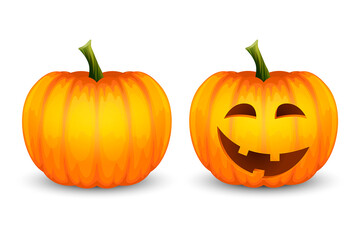 Vector Cartoon Halloween Pumkin Lantern. Funny Face and Blank. Set Closeup Isolated on White Background. Front View. Design Template. Autumn Holidays, Halloween Concept