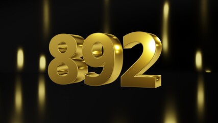 Number 892 in gold on black and gold background, isolated number 3d render