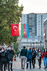 Fototapeta premium Azerbaijan and Turkey are flags everywhere together in Turkey