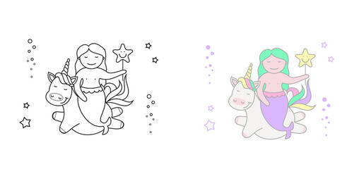 Vector illustration of cute mermaid and magic unicorn.Children's coloring book.