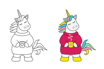 Vector illustration of magic cute unicorn with cup of tea.Children's coloring book.