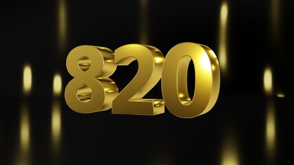 Number 820 in gold on black and gold background, isolated number 3d render
