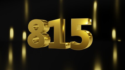 Number 815 in gold on black and gold background, isolated number 3d render
