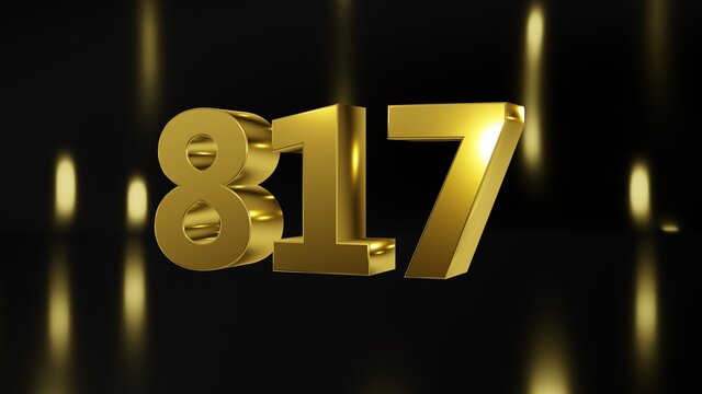 Number 817 in gold on black and gold background, isolated number 3d render