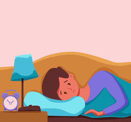 Sleepy awake man in bed suffers from insomnia. Vector illustration of tired exhausted sad guy insomniac