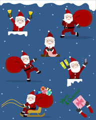 Santa character set on blue background.