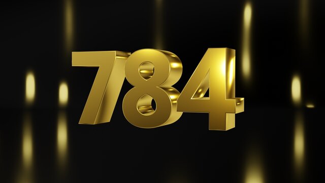 Number 784 in gold on black and gold background, isolated number 3d render