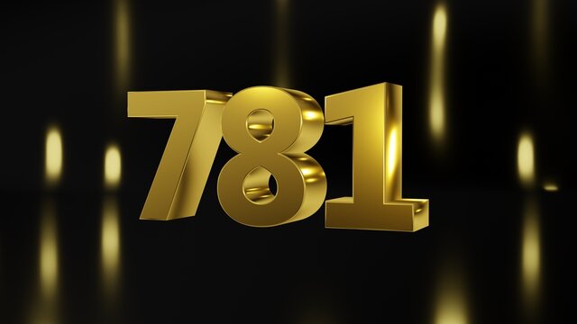 Number 781 in gold on black and gold background, isolated number 3d render