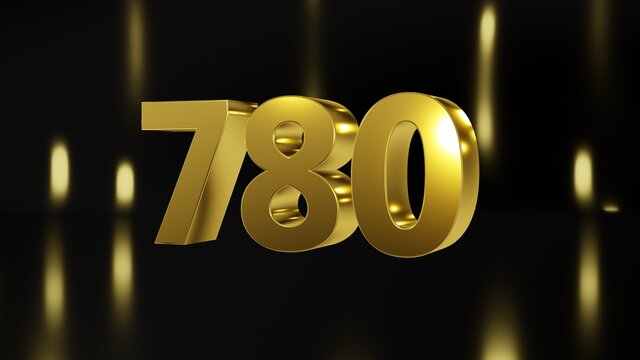 Number 780 in gold on black and gold background, isolated number 3d render
