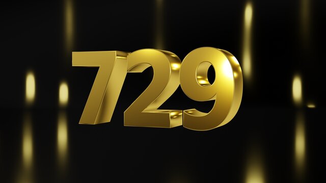 Number 729 in gold on black and gold background, isolated number 3d render