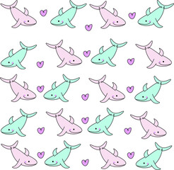 pattern of cute pink and blue whales with pink heart on a white background