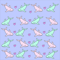 pattern of cute pink and blue whales with pink heart on a color background