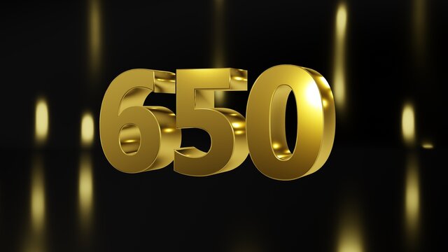 Number 650 in gold on black and gold background, isolated number 3d render