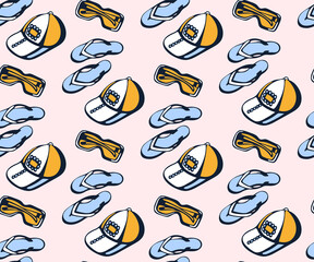 Hand drawn vector summer travel set, accessories. Hand drawn ink illustration. Modern ornamental decorative background. Vector pattern. Print for textile, cloth, wallpaper, scrapbooking