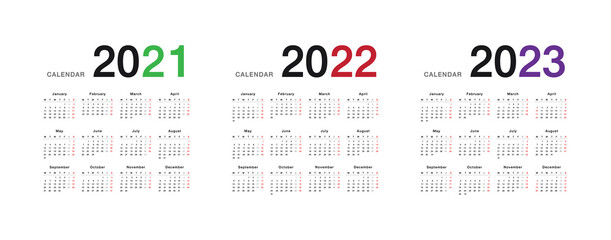 Year 2021 and Year 2022 and Year 2023 calendar vector design template, simple and clean design. Calendar for 2022 and 2023 on White Background for organization and business. Week Starts Monday. 