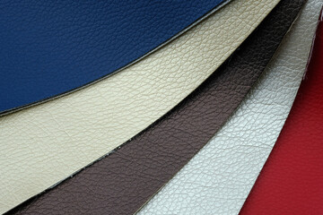 Leatherette samples top view. Fabric for sewing shoes, bags. Eco leather for furniture. Leather...
