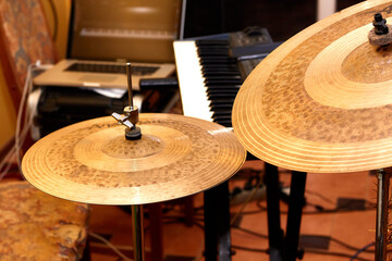 Fototapeta na wymiar Closeup of cymbal for drums in studio
