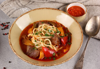 The Eastern cuisine. Uzbek soup. Lagman with lamb, noodles, vegetables, sauce, chili pepper, herbs and spoon on gray background. Background image, copy space. Restaurant, menu.