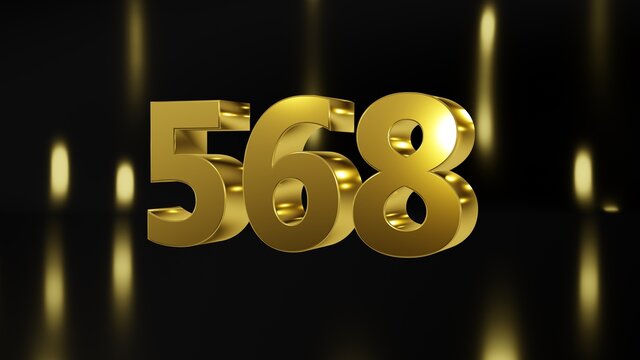 Number 568 in gold on black and gold background, isolated number 3d render
