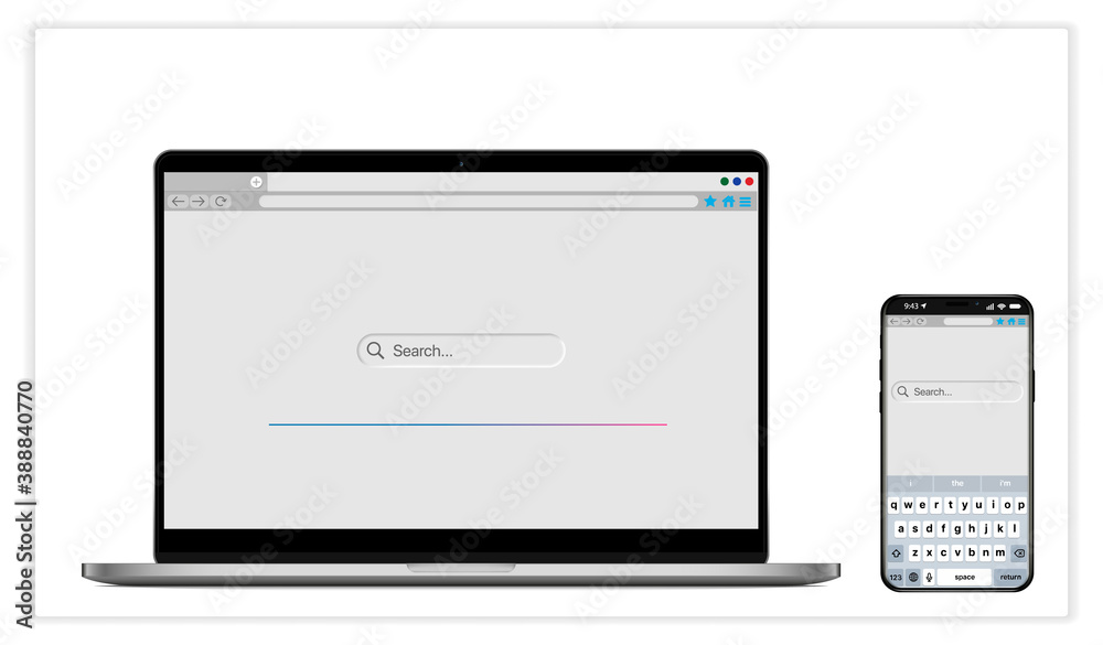 Aufkleber Computer web browser window with blank page as template for desktop, tablet and smartphone. Browser window to search in internet. Vector EPS 10