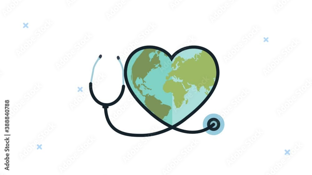 Wall mural world heart day animation with earth and stethoscope